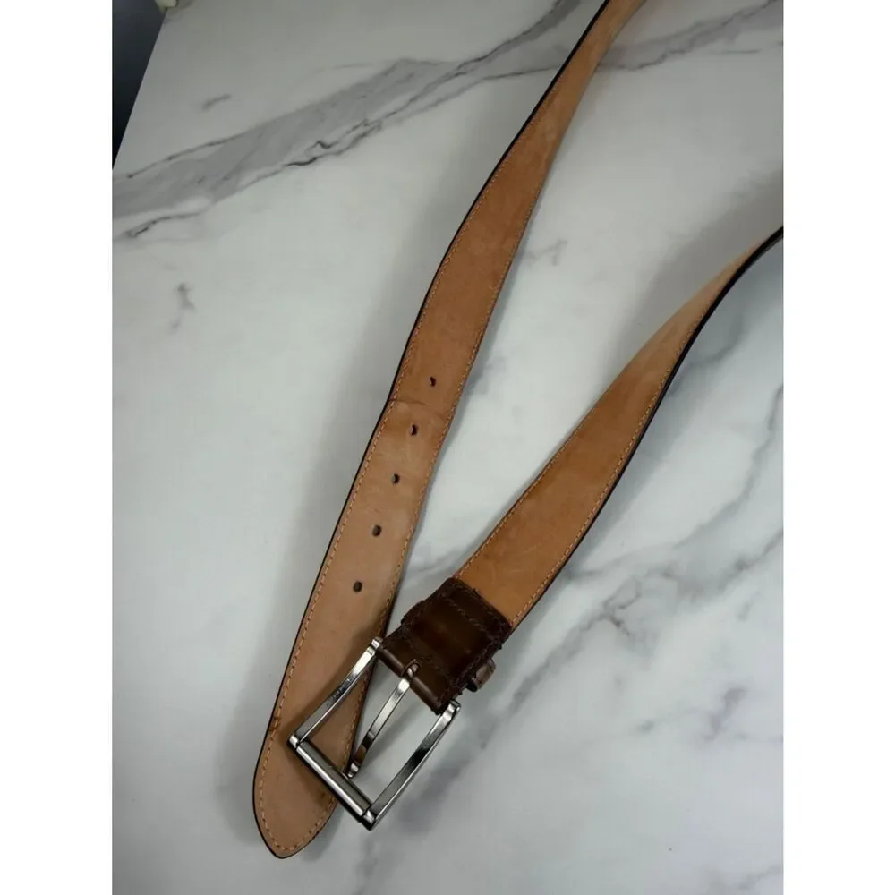 Paul Fredrick Brown Woven Leather Belt Made in Italy Silver Buckle Size 46